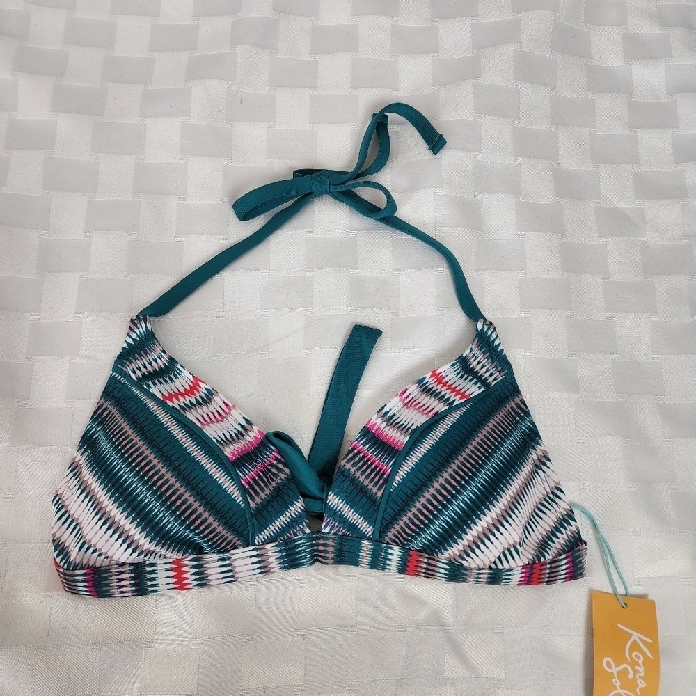 Kona Sol Teal & Pink Striped Padded Bra Bikini Swimsuit Top Size M  NWT